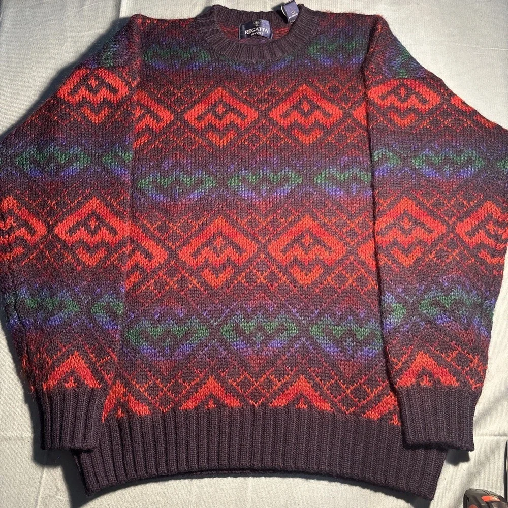 Regatta Sport Wool Mohair Blend Geometric Fair Isle Sweater Mens XL Red Purple